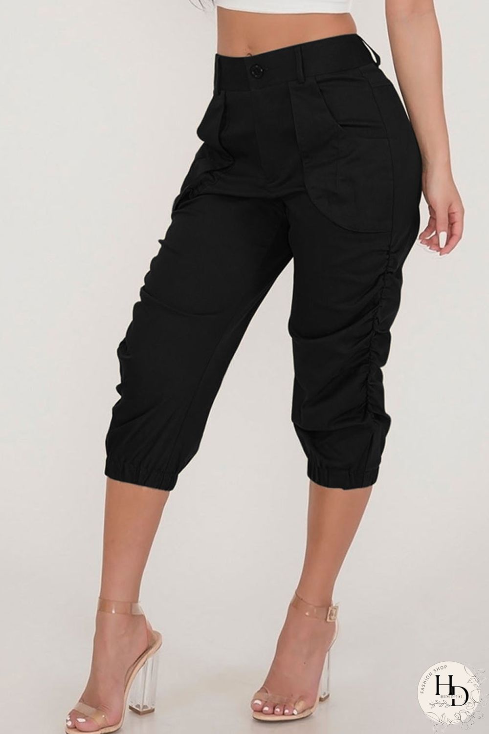 Solid Color Pocket High Waist Pants