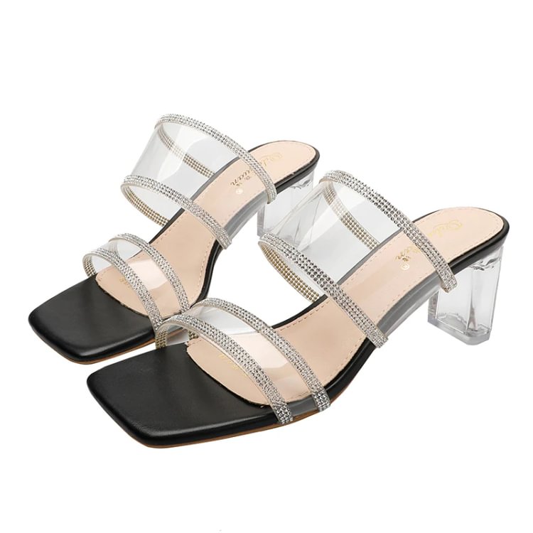 Crystal Square Toe Chunky Sandals