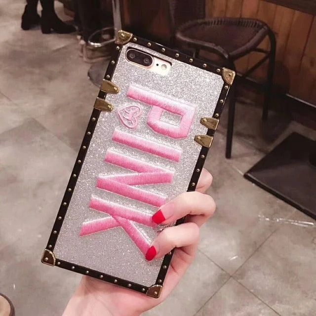 Luxury Glitter Metal Eye-Trunk Bag Phone Case with Embroidered 3D PINK Letter
