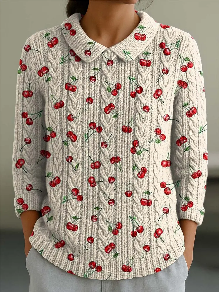 Women's Lovely Cherry Art Print Casual Peter Pan Collar 3/4 Sleeve Sweater