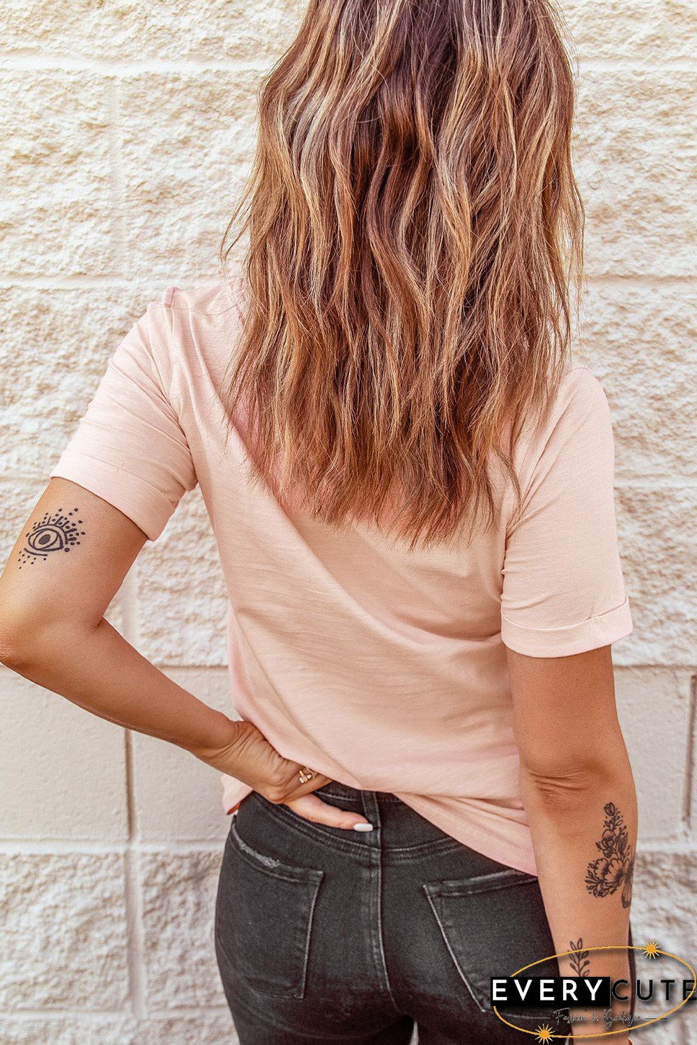 Pink HONEY Bunny Graphic Cuffed Sleeves T-shirt