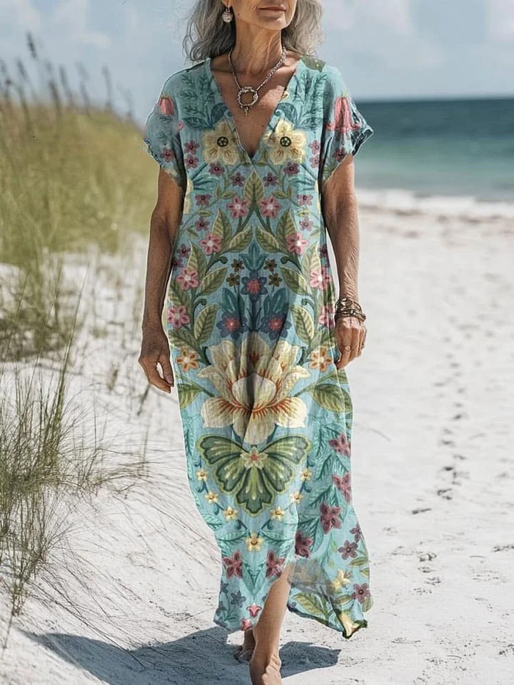 Women's Vintage Lovely Floral Art Print Pocket Cotton Dress
