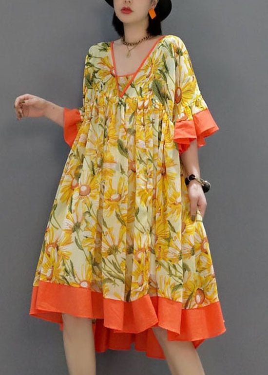 Fashion Orange V Neck wrinkled Print Chiffon Dress flare sleeve CK1560- Fabulory