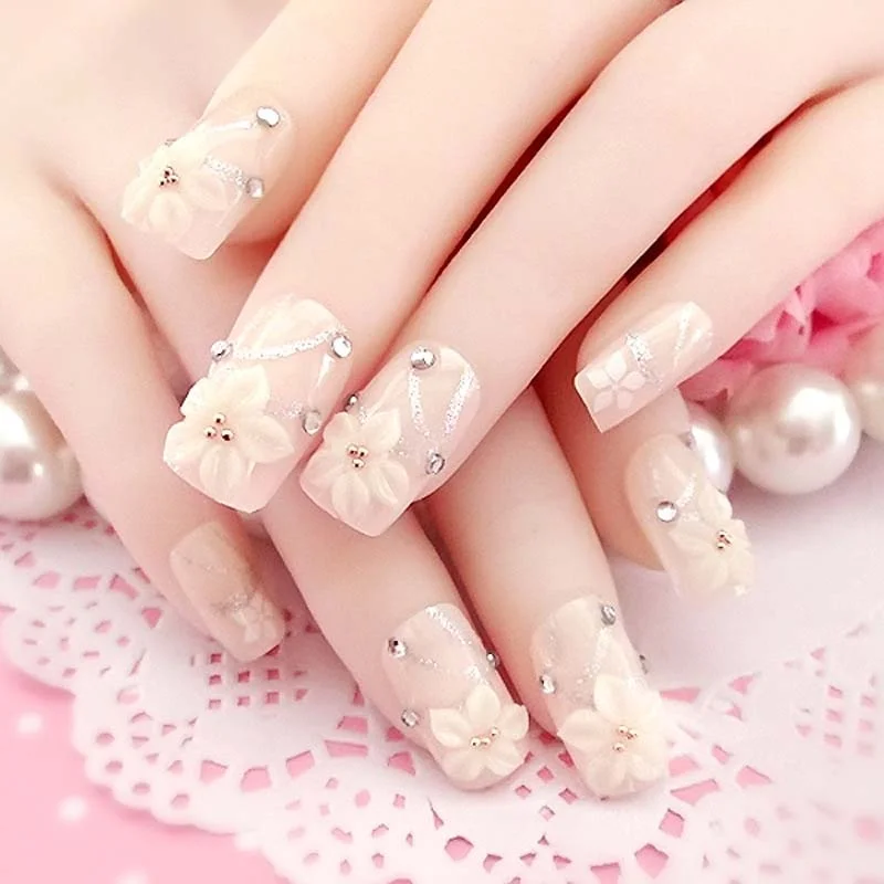 Nail Factory Wholesales 24pcs fake nails with glue Nude crystal pearl decoration Carving Flowers finger Nail tips faux ongle