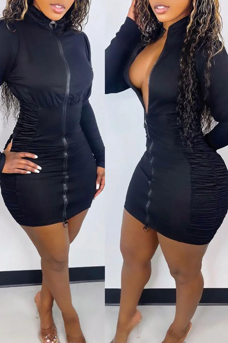 Blue Casual Solid Split Joint Fold Zipper Zipper Collar One Step Skirt Dresses