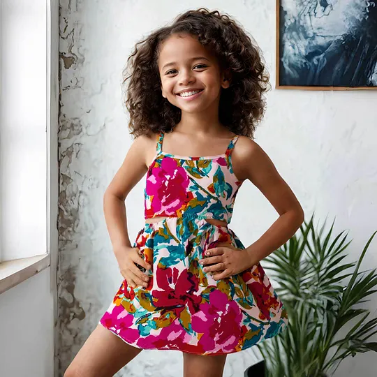 【18M-7Y】Girls' Fashion Cut-Out Waist Vintage Casual Print Dress