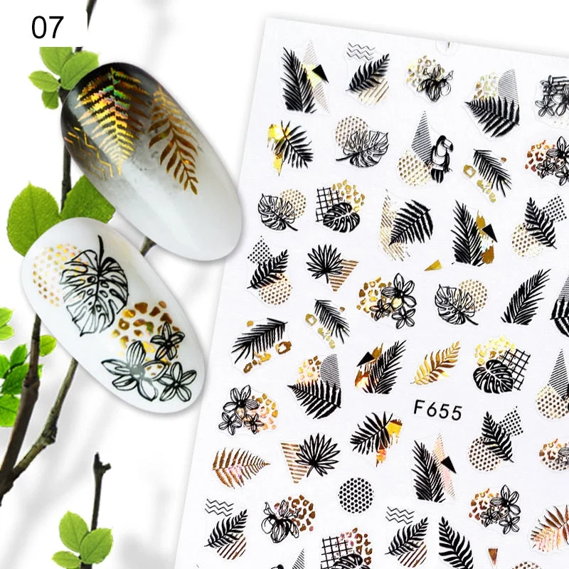 Summer Design 3D Stickers For Nails iridescent Black Gold Flower Leaf Series Decorations Sliders Nail Art Sticker Decals