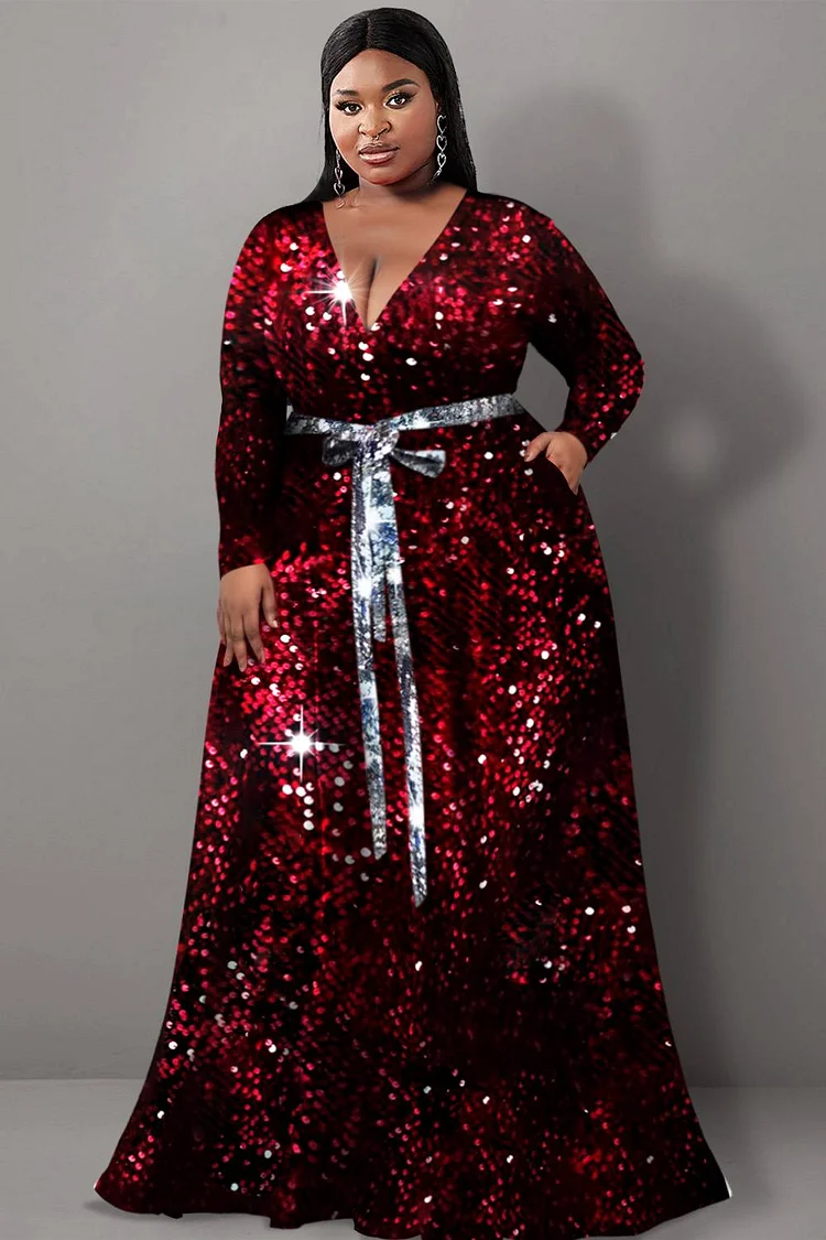 Xpluswear Design Plus Size Semi Formal Dresses Elegant Red All Over Print V Neck Long Sleeve Wrap Knitted Maxi Dresses With Pocket [Pre-Order]
