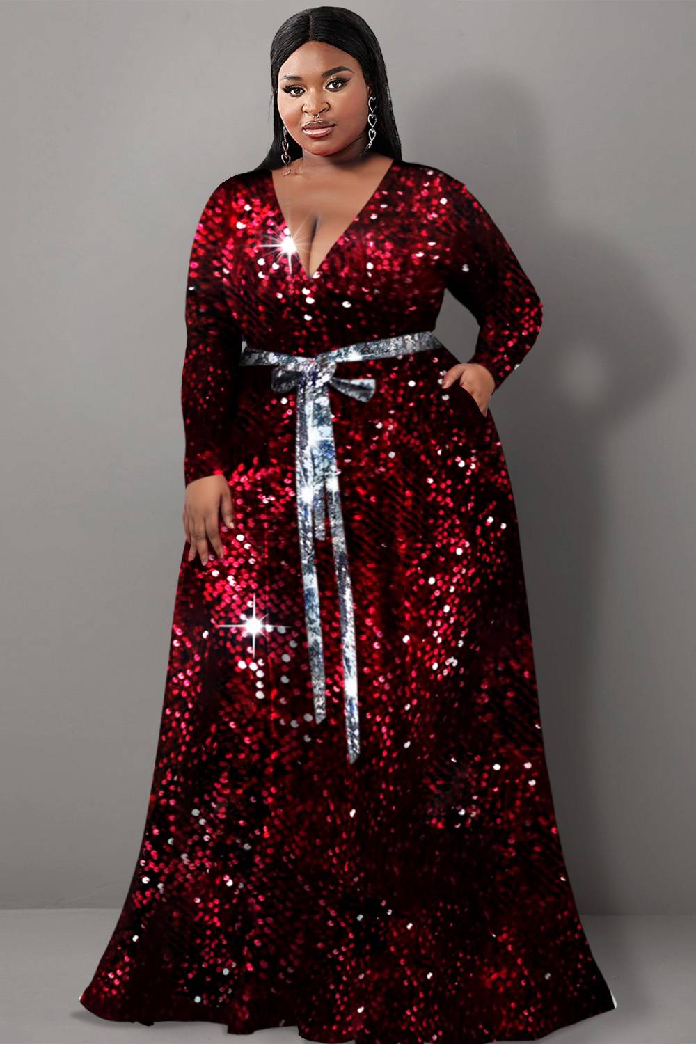 Design Plus Size Semi Formal Dresses Elegant Red All Over Print V Neck Long Sleeve Wrap Knitted Maxi Dresses With Pocket