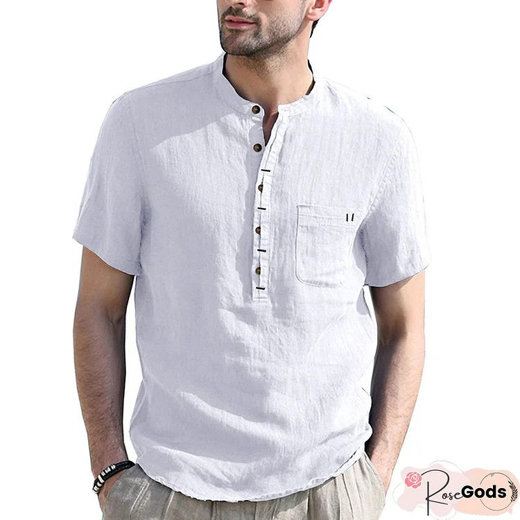 Henry Collar Plain Pocket Short Sleeve Shirt Men's Cotton and Linen Shirt