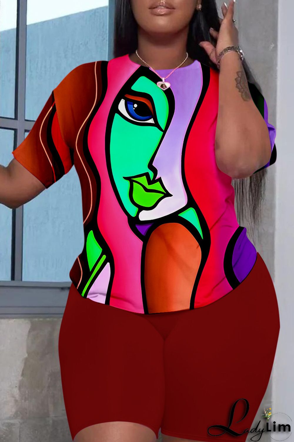 Red Casual Print Basic O Neck Short Sleeve Two Pieces