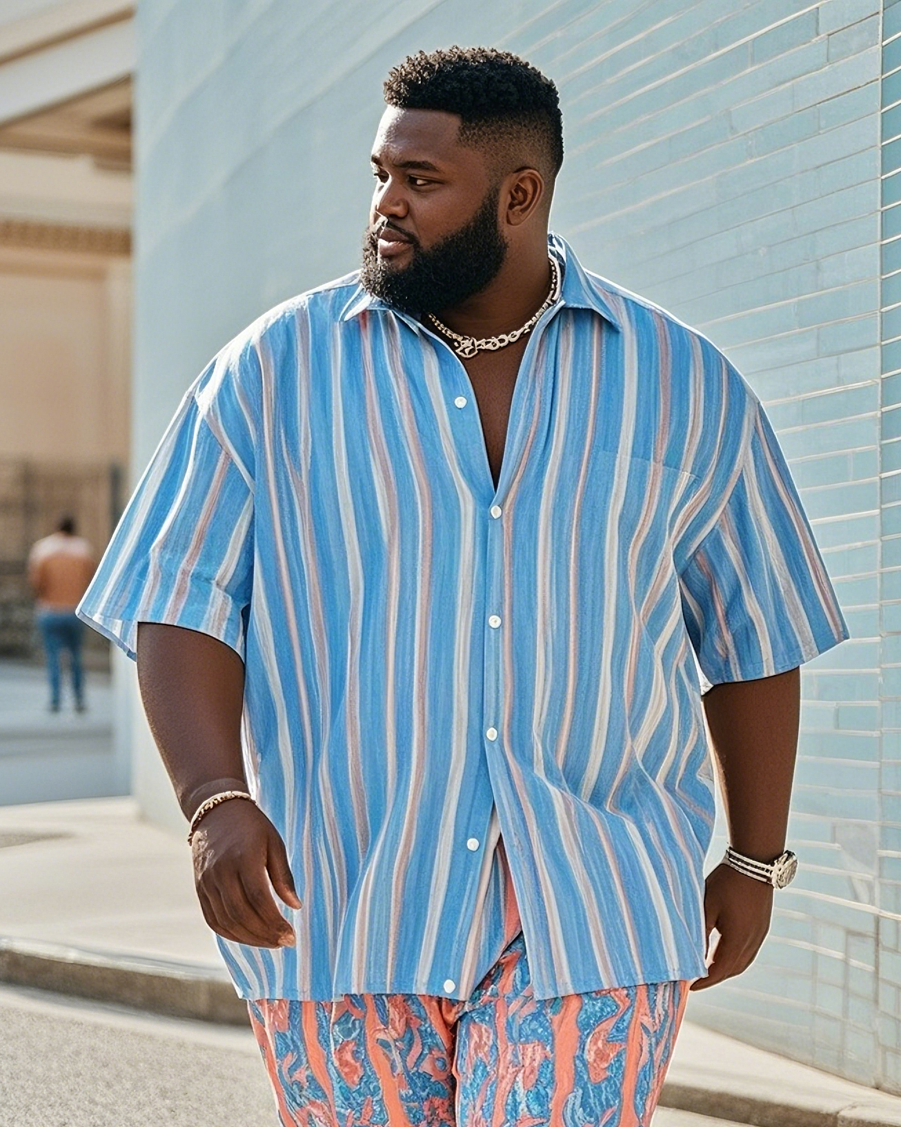 Big Man's Holiday Pool Party Striped Color Block Printed Short Sleeve Shirt