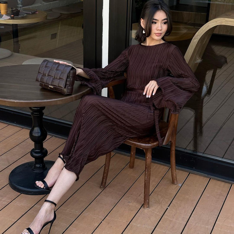 Ootddress Fashion Ruffled Lace-Up Long Dress Women Slim Long Sleeve Striped Pleated Party Dress Autumn 2025 Solid Gown Female Dress