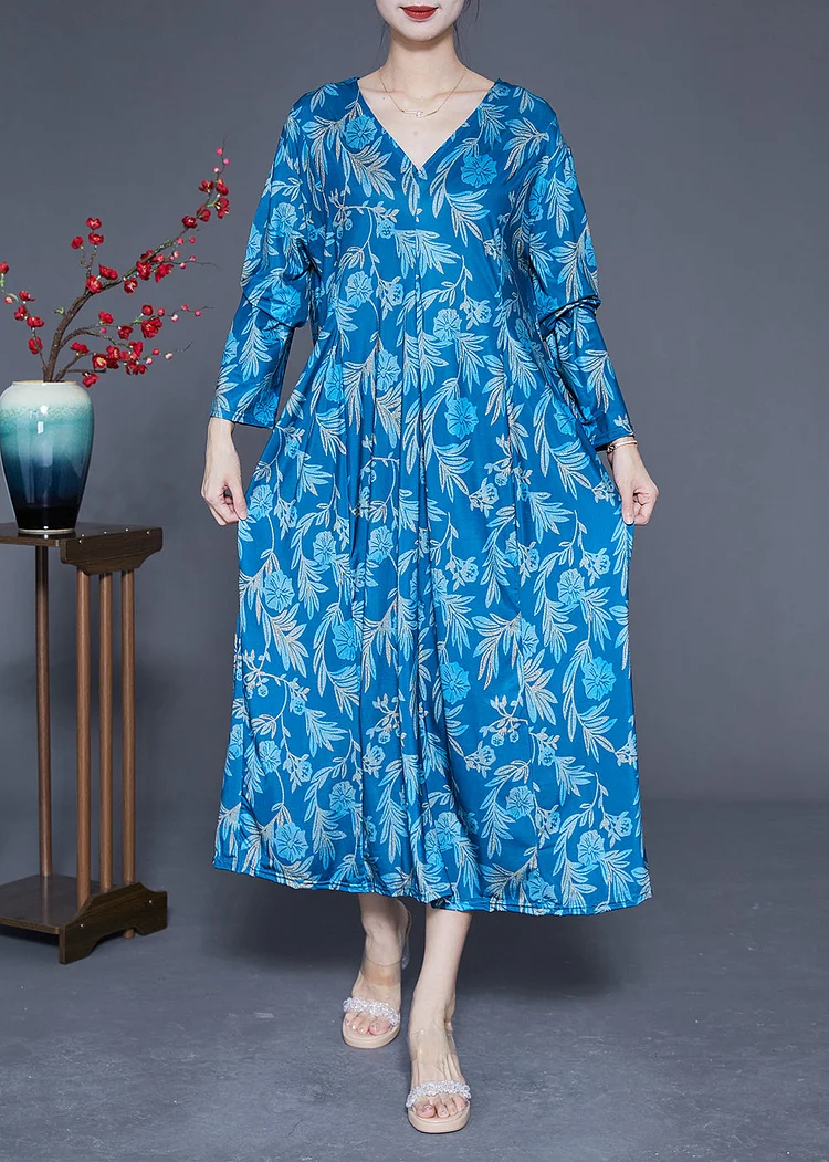 Blue Print Silk Holiday Dresses V Neck Oversized Spring