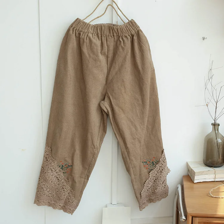 Queenfunky cottagecore style Corduroy Lace Embroidered Crop Pants QueenFunky