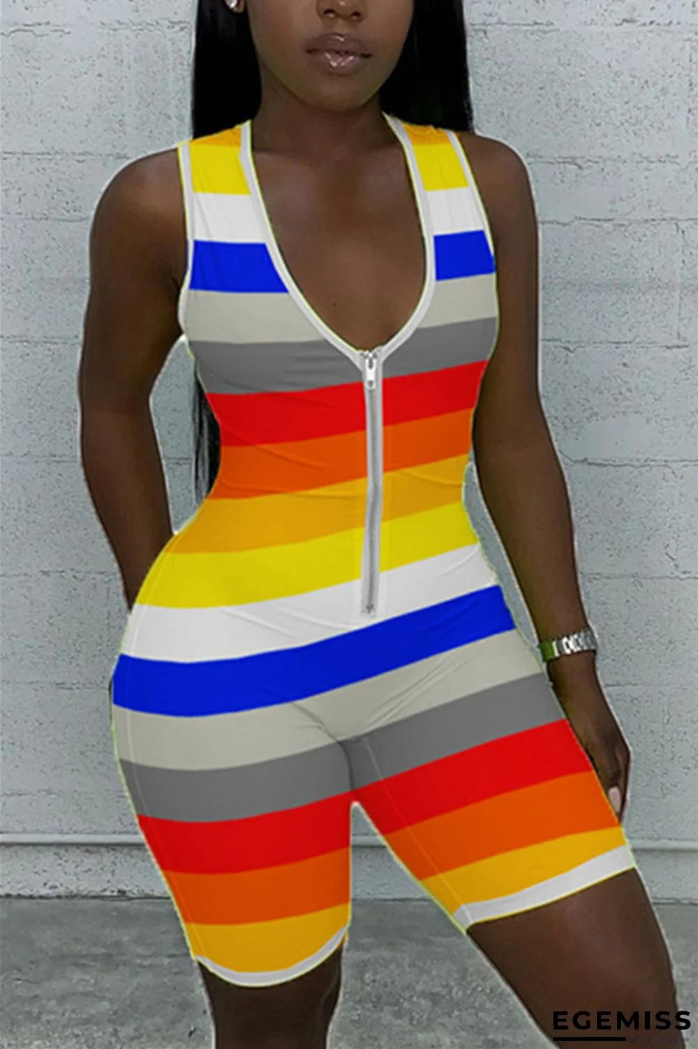 Yellow Fashion Sexy Print Striped Patchwork zipper Sleeveless V Neck Jumpsuits | EGEMISS