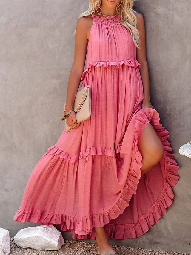 Uveng Style Ruffled Long Dress Wide Hem Dresses