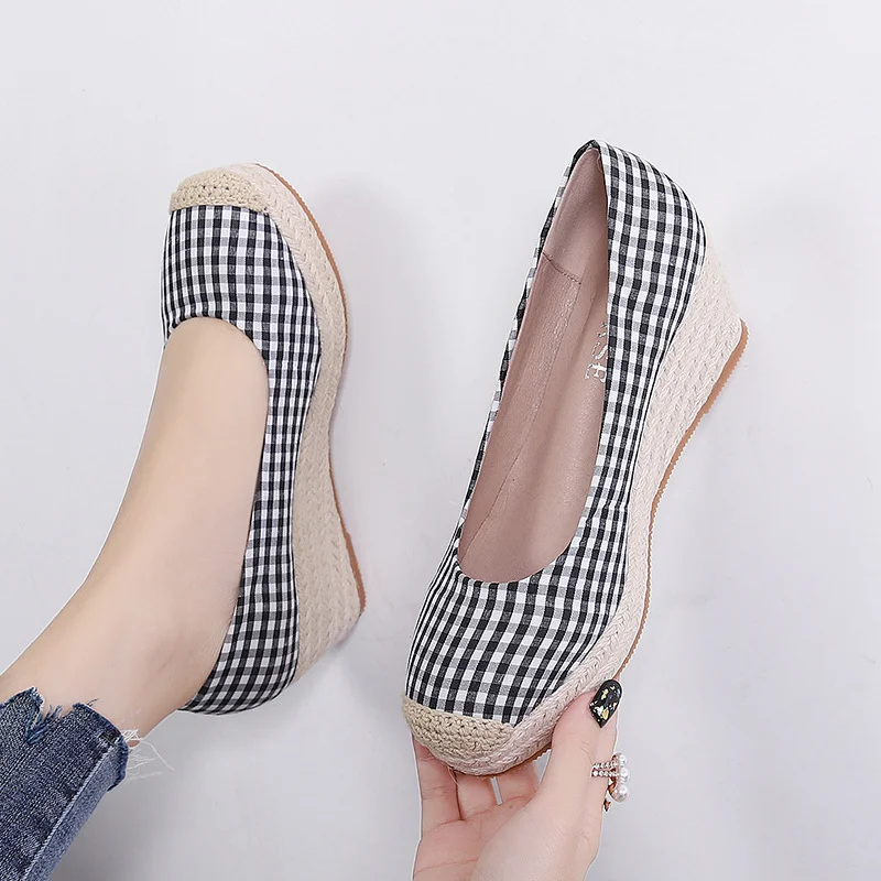 Wongn Wongn And Autumn New Fisherman Shoes Slope Heel Thick Sole Single Shoes Female Round Head Shallow Mouth Women's Shoes Twine Grass Sole