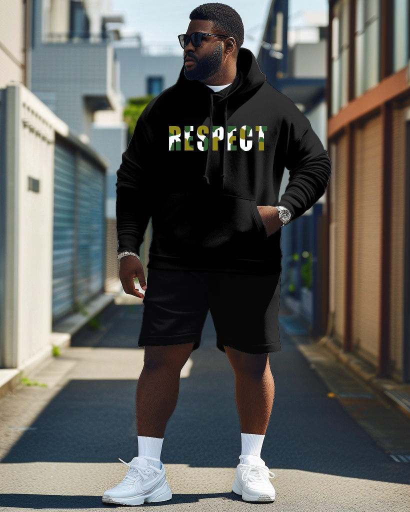 Respect Letter Print Patchwork Hoodie Shorts Two-Piece Set Men's Plus Size