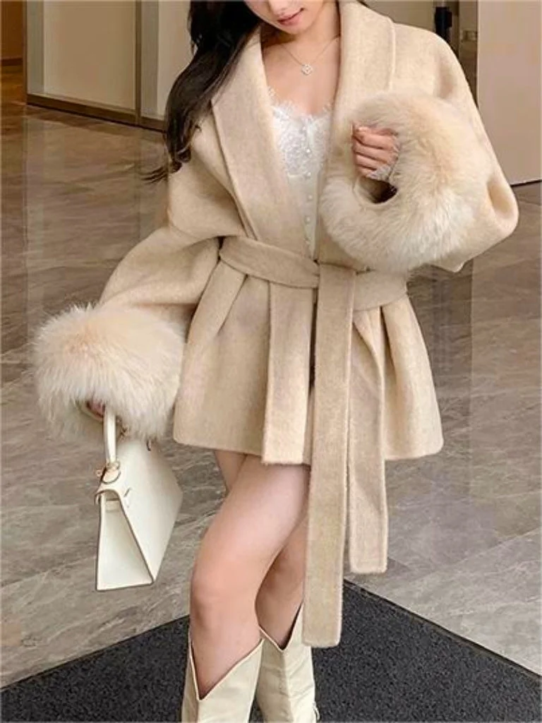 Brownm solid color faux fur coat with belt