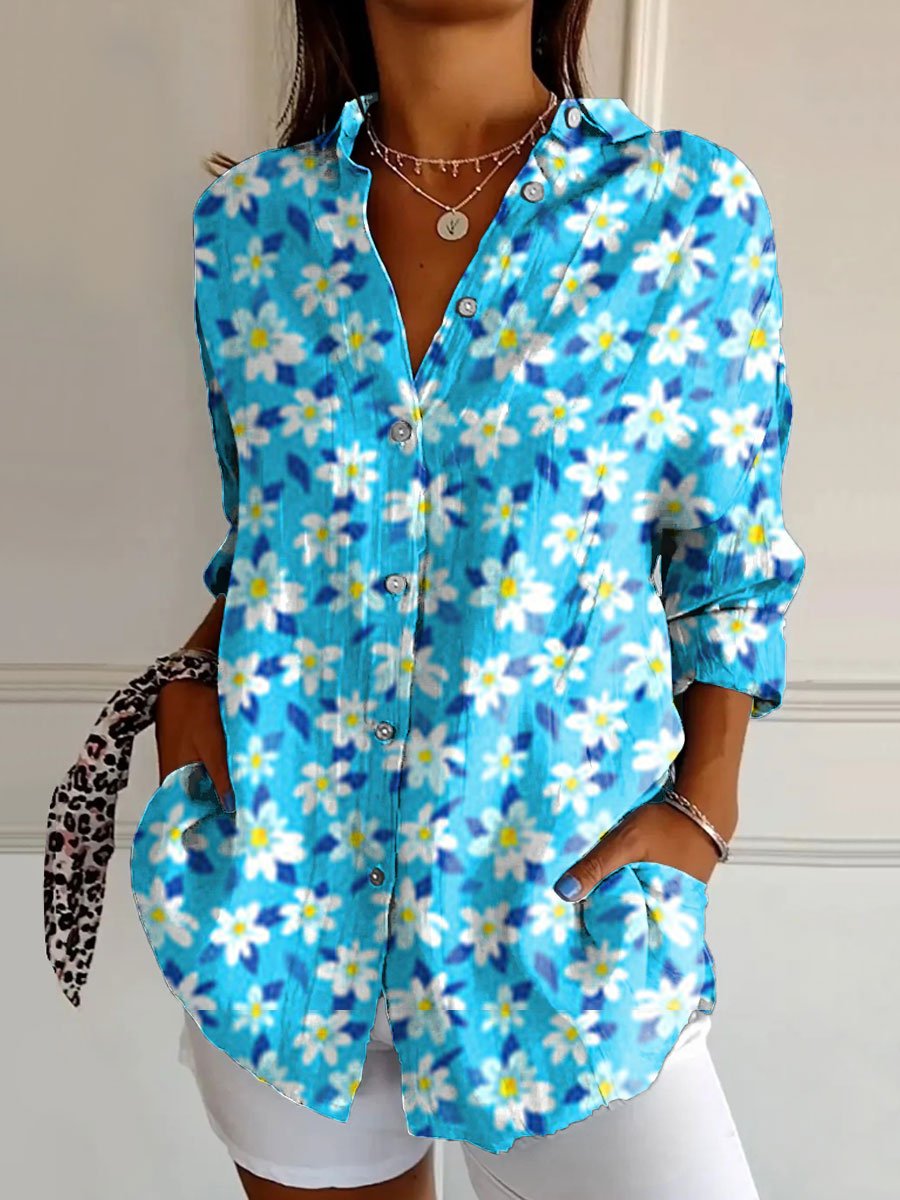 Women's Flower Art Print Casual Cotton Shirt
