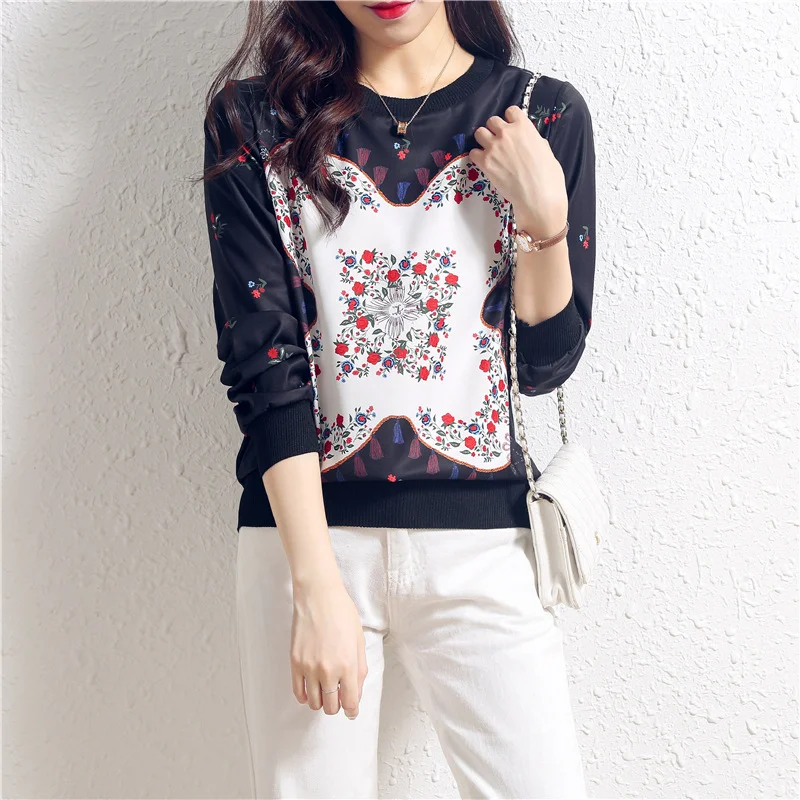 Toloer Toloer 2023 New Print Satin Knit Long Sleeve Splicing Women's Overtop Thin Casual Elastic Sweater-Outfit Ideas