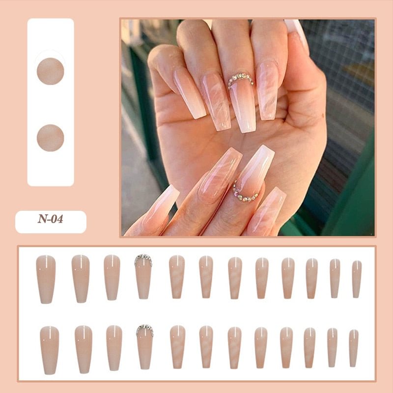 24pcs False Nails Nude Gradient Nail Patch Rhinestone Inlaid Press On Nails Removable Long Paragraph Fashion Manicure nail tips