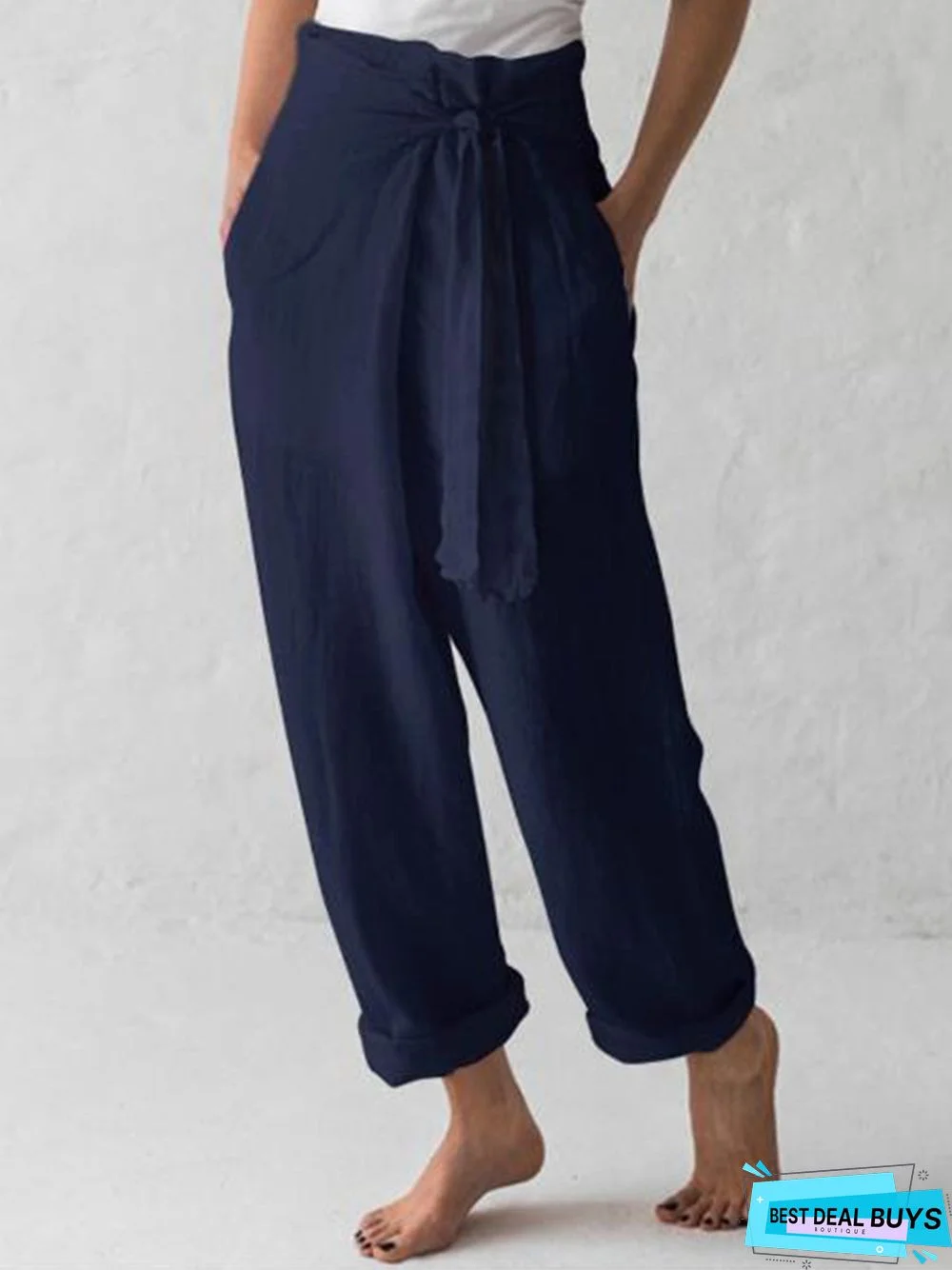 Women Cotton-Blend Linen & Cotton Pants With Belt