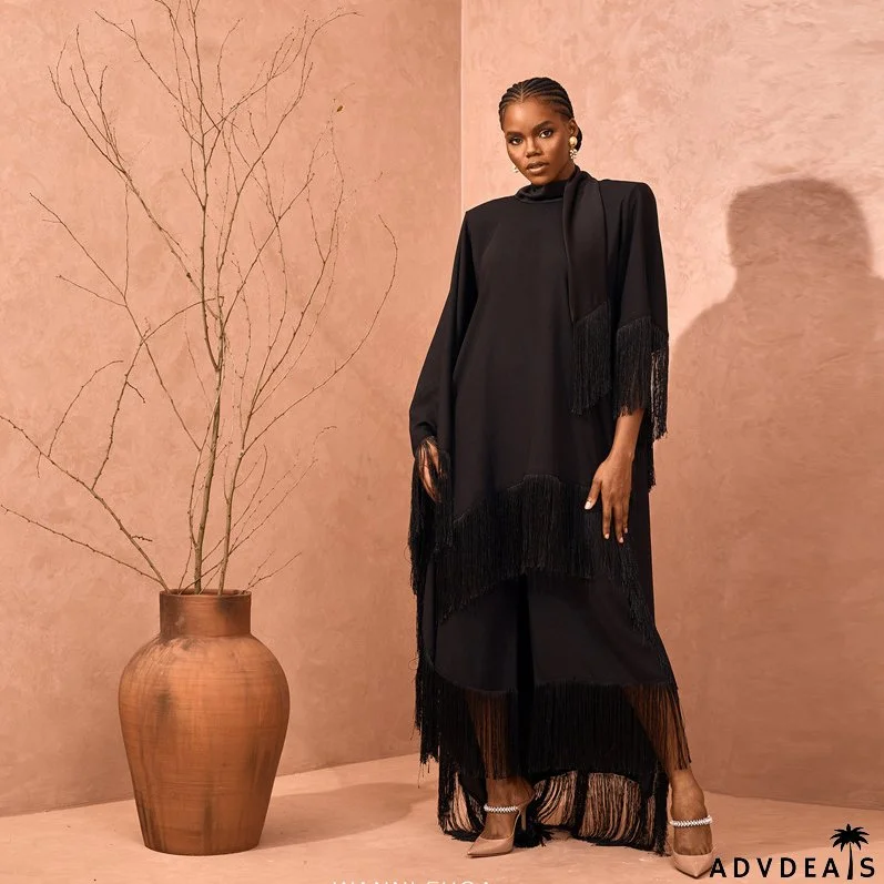Muslim Women's Loose Plus Size Scarf Collar Tassel Robe Wide Leg Pants Set