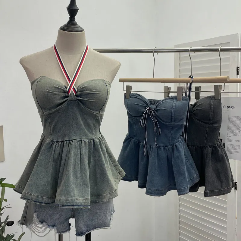 Churchf Real Shot With Chest Cushion Denim Sling Vest With Bow Hanging Neck Short Twiping Boat Blouse Woman 2611