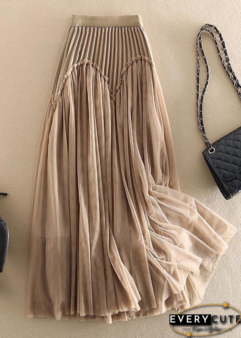 Original Design Khaki High Waist Ruffled Patchwork Tulle Pleated Skirts Spring