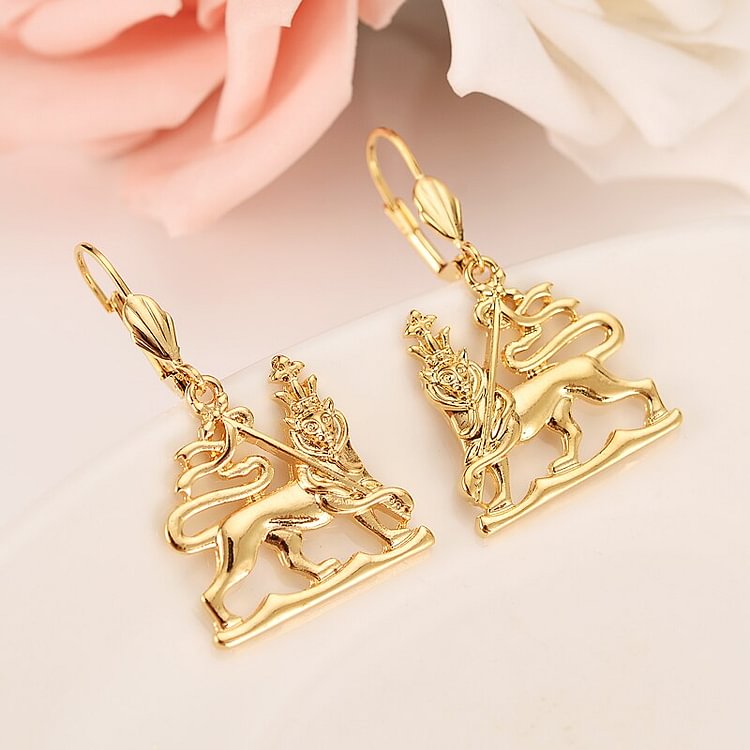 Gold Color GP earring Africa Ethiopia map elephant lion king  gold earring Jewelry For Women Men gift