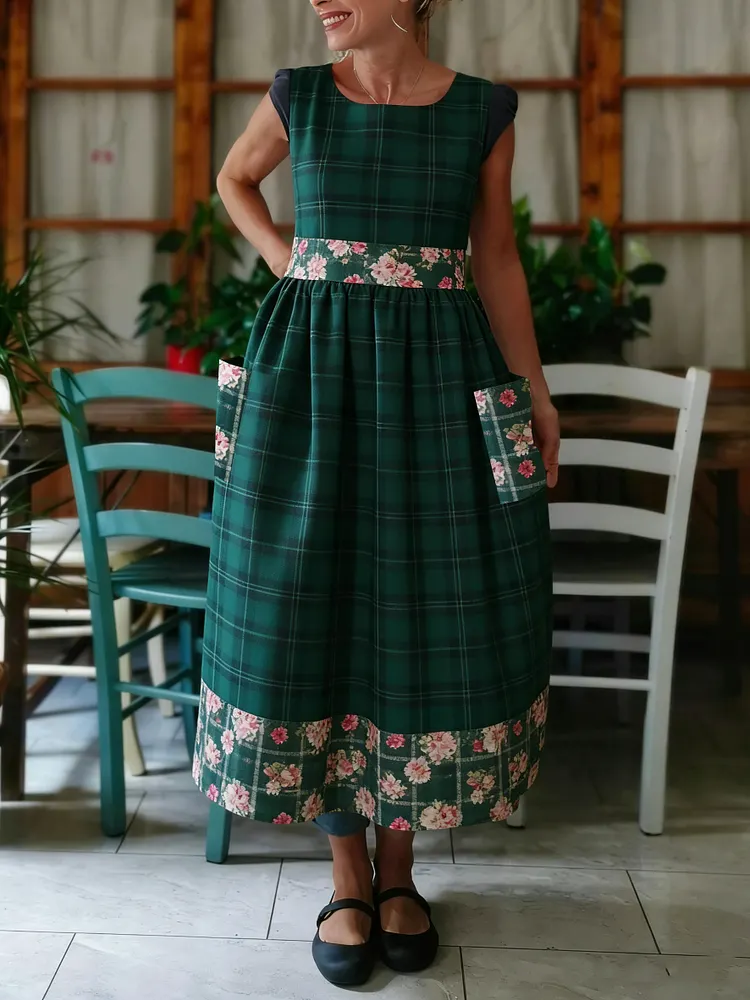 Plaid Floral Pattern Kitchen Apron