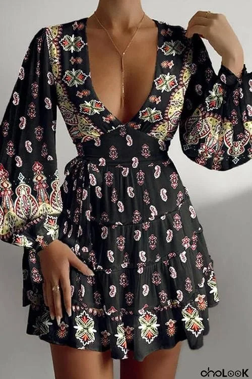 Print Deep V Neck Puff Sleeve Mini Dress