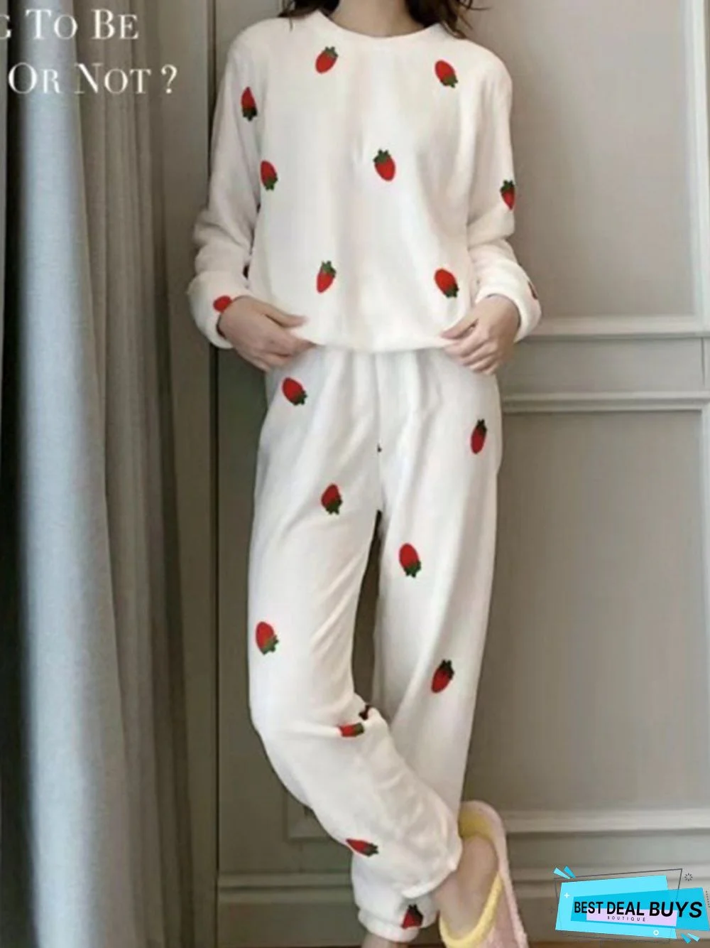 Strawberry Print Long Sleeve Pants Casual Loungewear Two Piece Plus Size