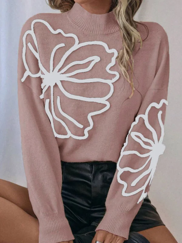 Athvotar Athvotar And Winter New Sweater Embroidered Three-Dimensional Flowers High-Neck Long-Sleeved Knitwear