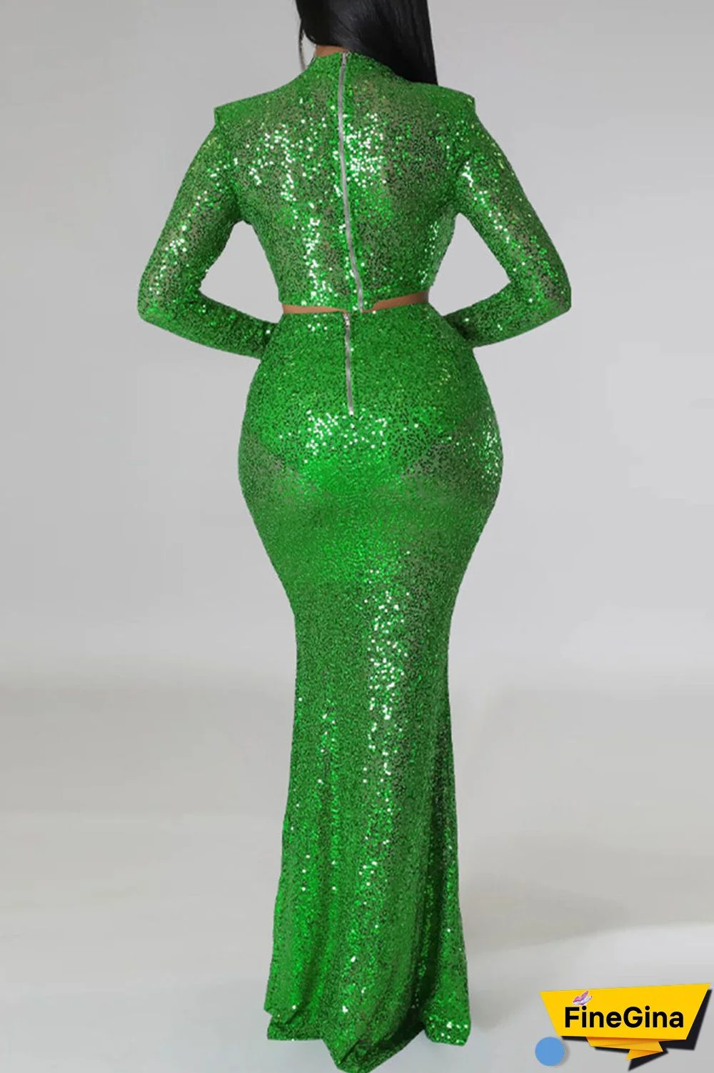 Champagne Sexy Solid Sequins Patchwork O Neck Long Sleeve Two Pieces