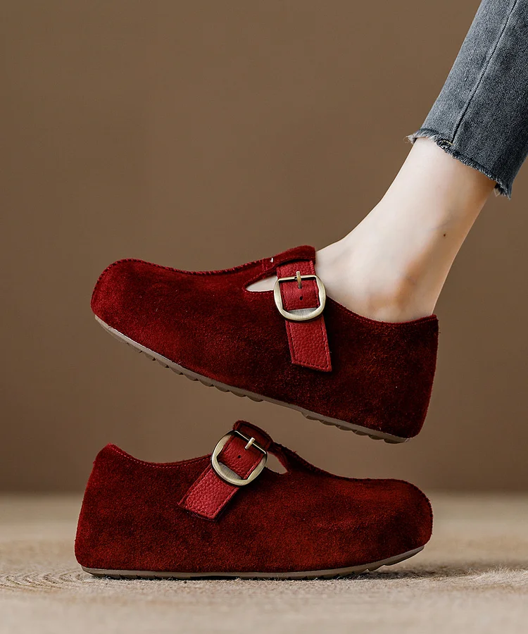 2025 Splicing Platform Flat Shoes Red Suede Fuzzy Wool Lined