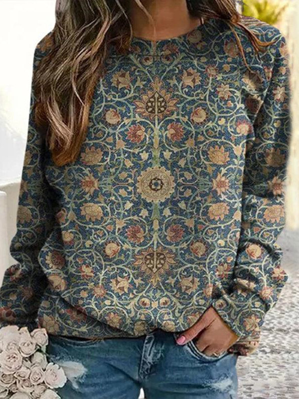 Women Long Sleeve V-neck Graphic Floral Printed Top