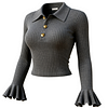 Women's Elegant Gray Ribbed Polo Neck Top With Flared Sleeves by Inlyline