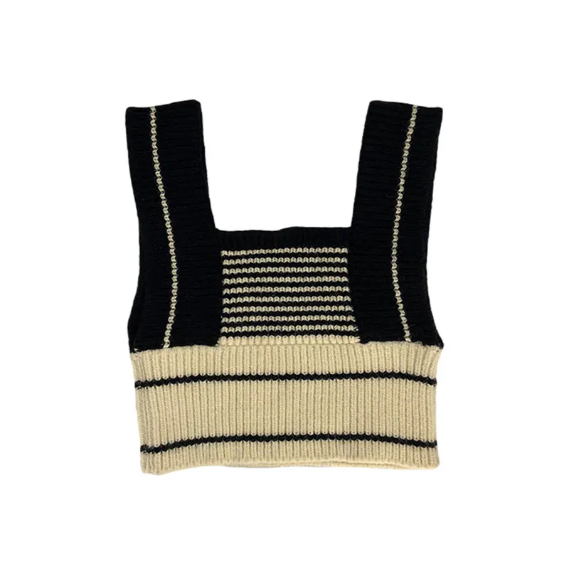Womens Autumn Fashion Knitted Vest Loose Patchwork Sweater Vintage Square Neck Sleeveless