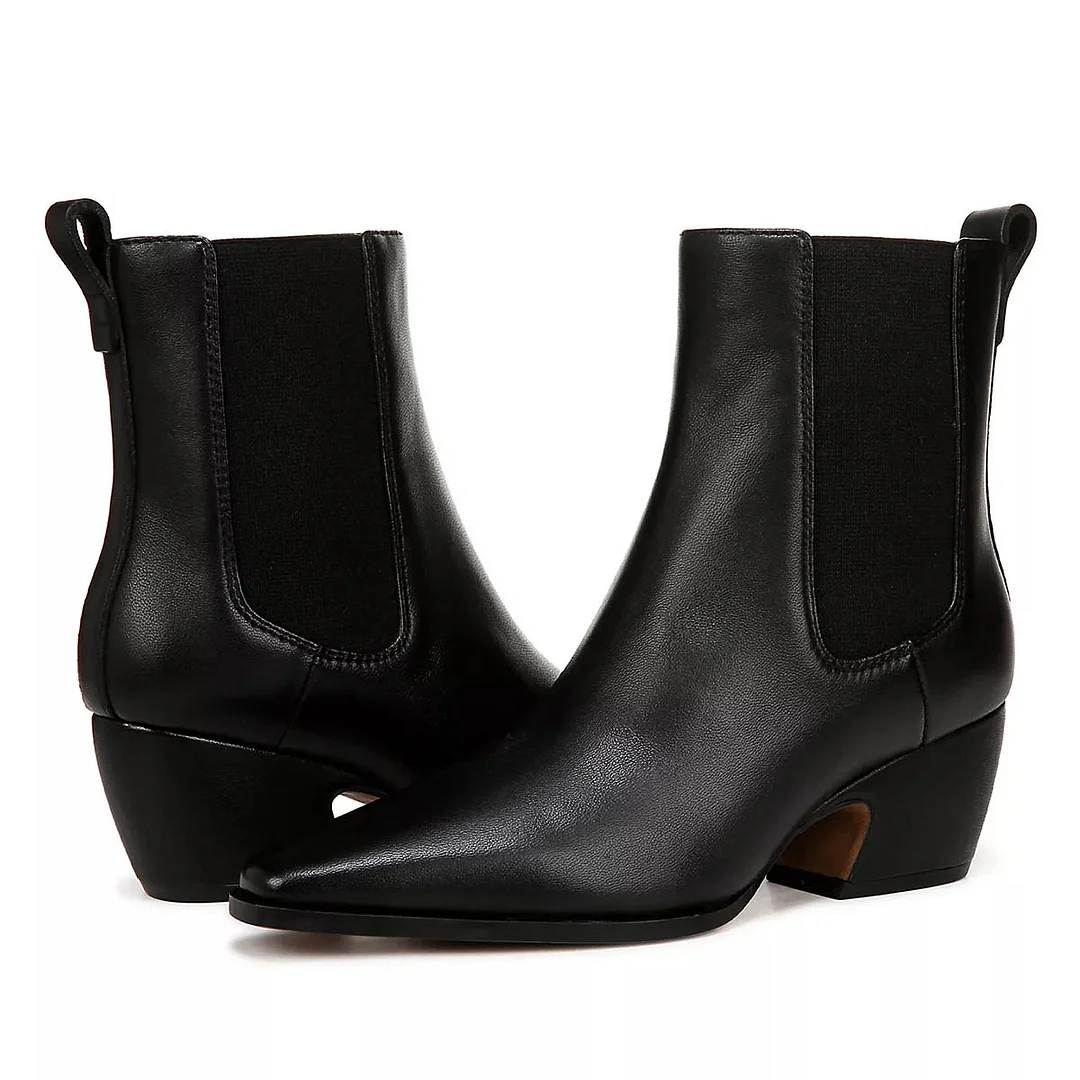 Black Vegan Leather Chunky Heel Snip Toe Booties for Women