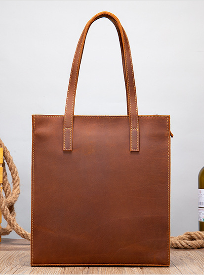 Vintage leather slim tote bag , Brown classic leather handbag purse , laptop leather tote bag for women