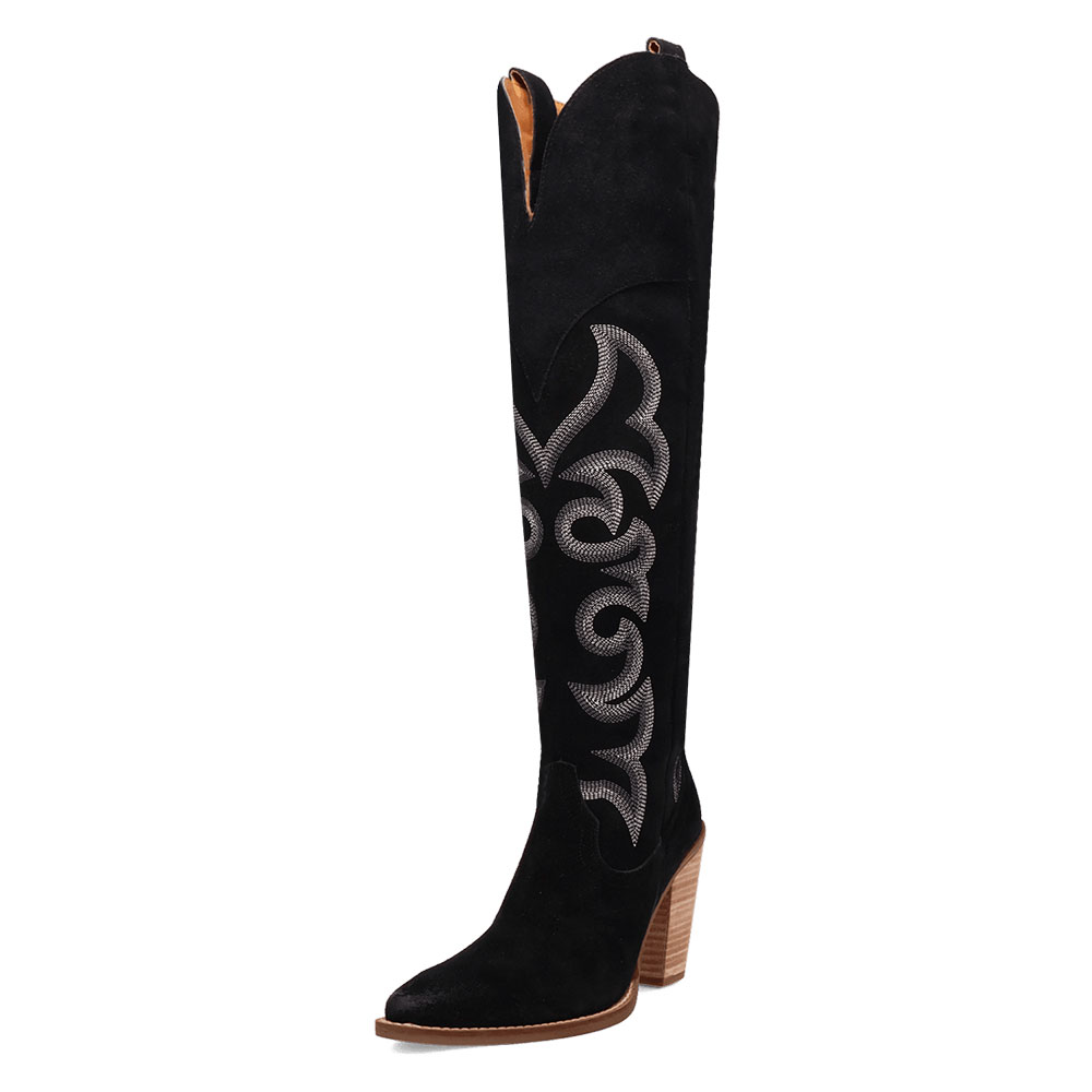 Black Faux Suede Embroidered Knee-High Cowgirl Boots for Women Nicepairs