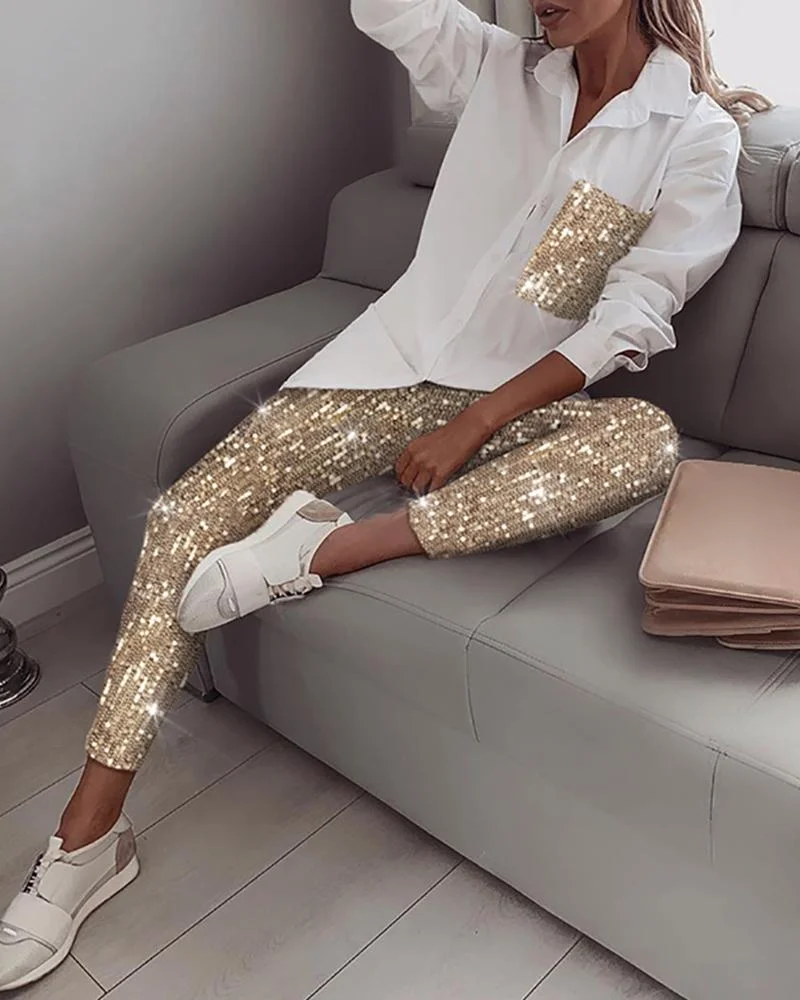 Fashionkova Women Sequin Long Sleeve Shirt + Glitter Shiny Pant Fashion Sets 2022 Autumn New