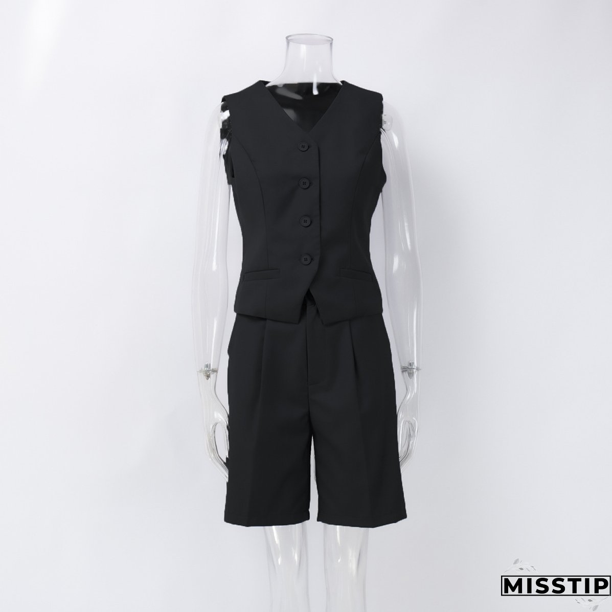 Women v-neck single-breasted vest + shorts two-piece set
