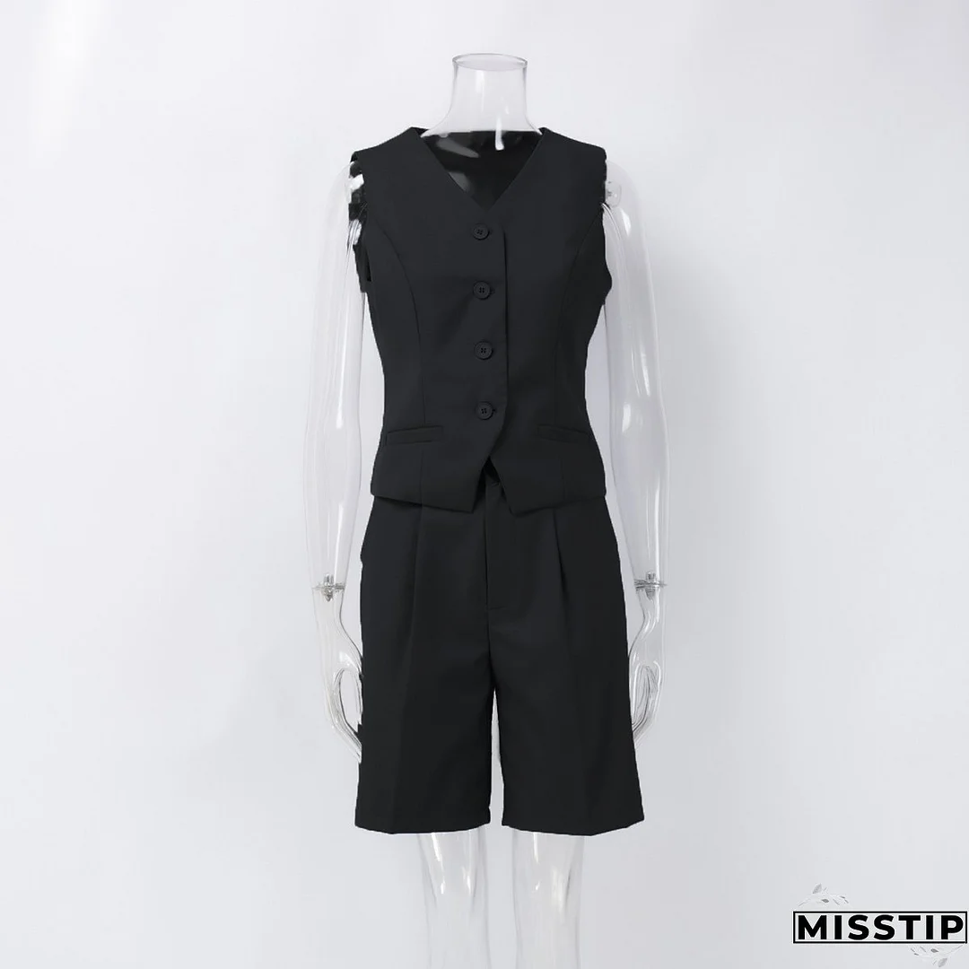 Women v-neck single-breasted vest + shorts two-piece set