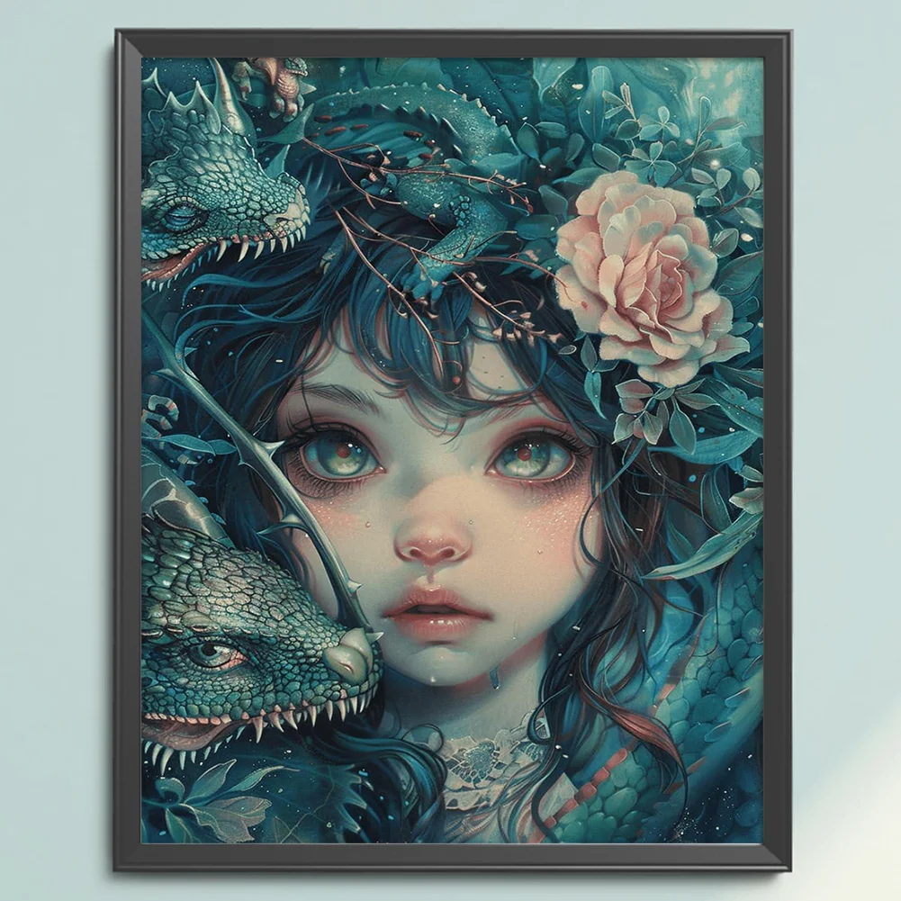 9CT Full Cross Stitch Bead Embroidery - Girl & Lizard(Canvas|40*50CM)