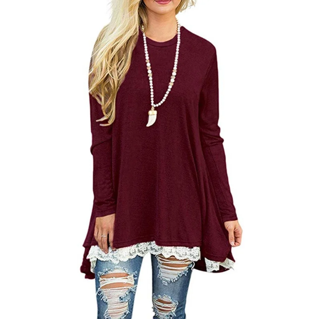 Red Blouse Lace Patchwork O-Neck Long Sleeve Casual Dress