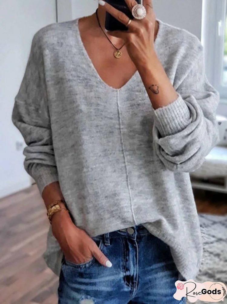 Solid Long Sleeve V-Neck Knitted Top